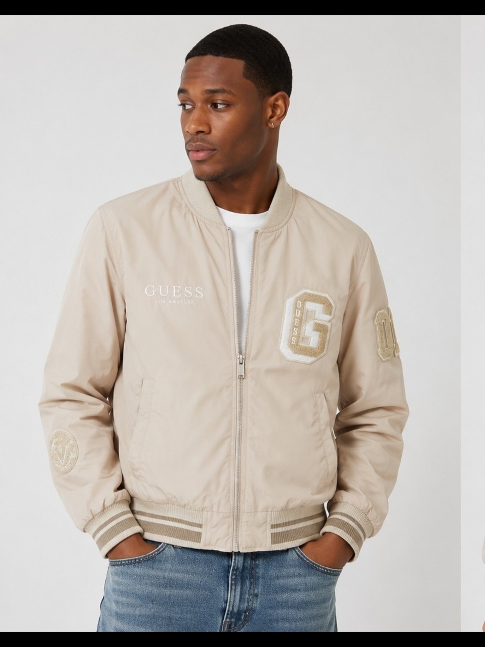 Guess Beige Bomber Jacket with Varsity Patch Details